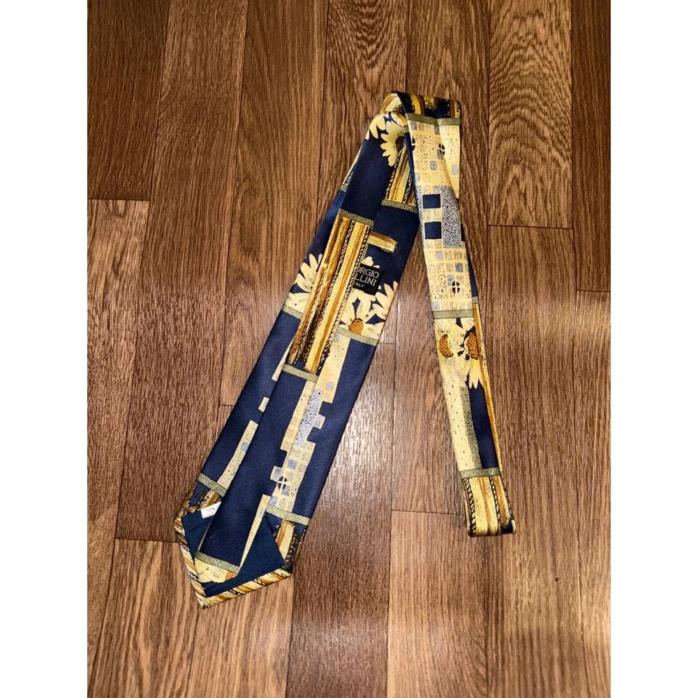 Giorgio Cellini Mens Silk Tie Navy Blue Gold Sunflower Geometric Made in Italy